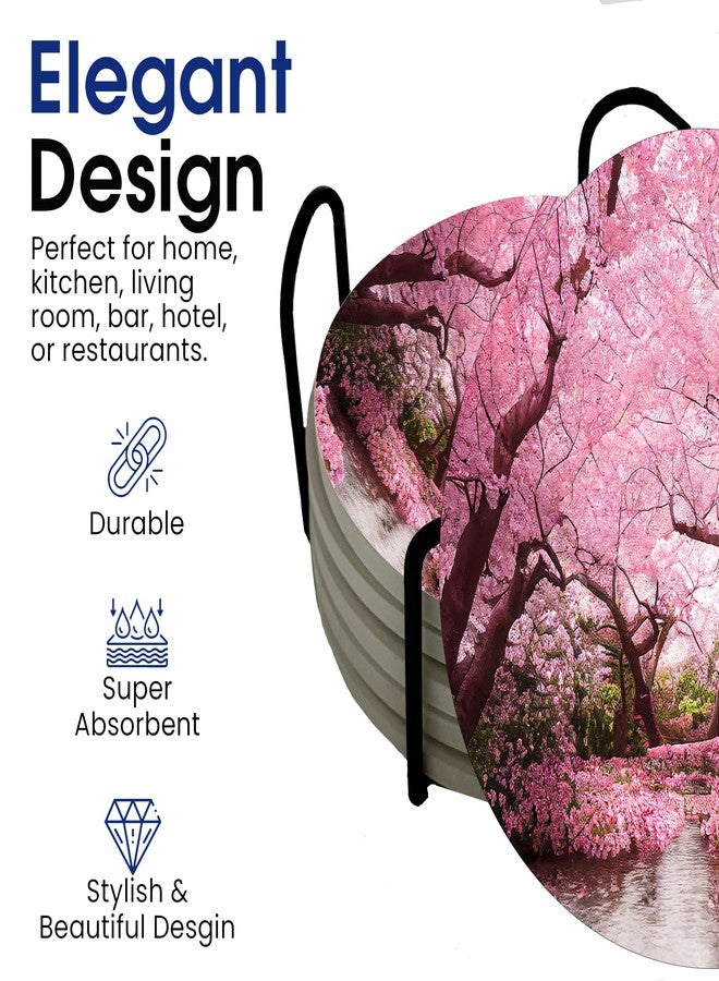 DAJDC Spring Season Flowers Round Coasters Set of 6 - Abosrbent Ceramic Coasters with Metal Stand for Drinks, Coffee, Non-Slip Cork Back for Tabletop Protection, 4 Inches (Cherry Blossom) - Image 5
